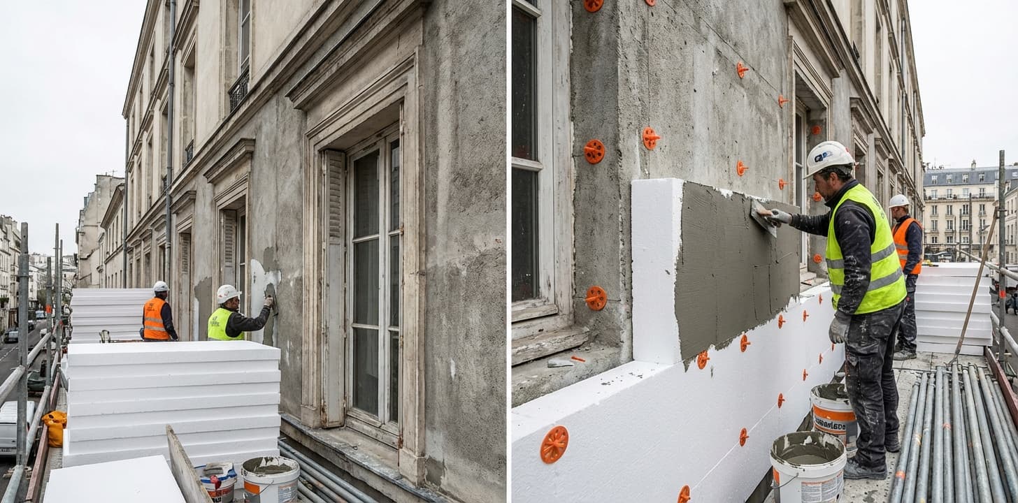 Artisan posant des panneaux d'isolation thermique par l'extérieur sur une façade