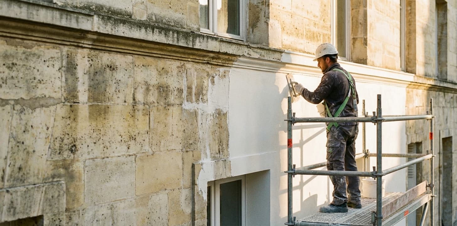 Ouvrier sur un échafaudage en train de ravaler une façade d'immeuble