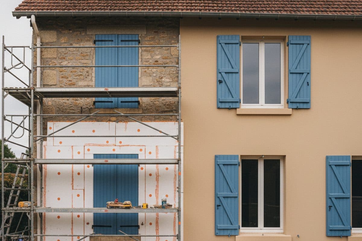 Maison française en cours de rénovation énergétique avec isolation extérieure et pompe à chaleur
