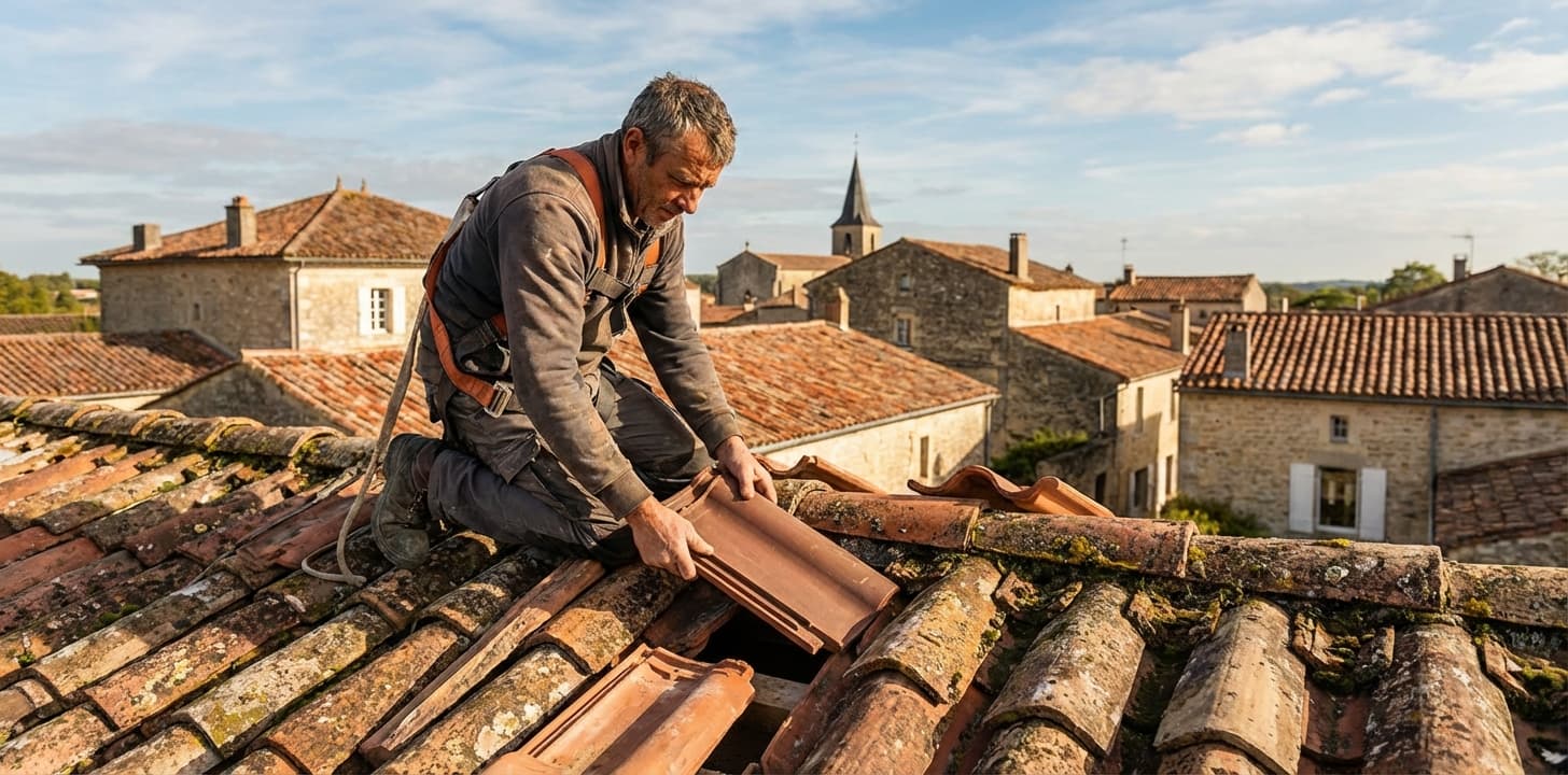 Couvreur en train de réparer une toiture en tuiles